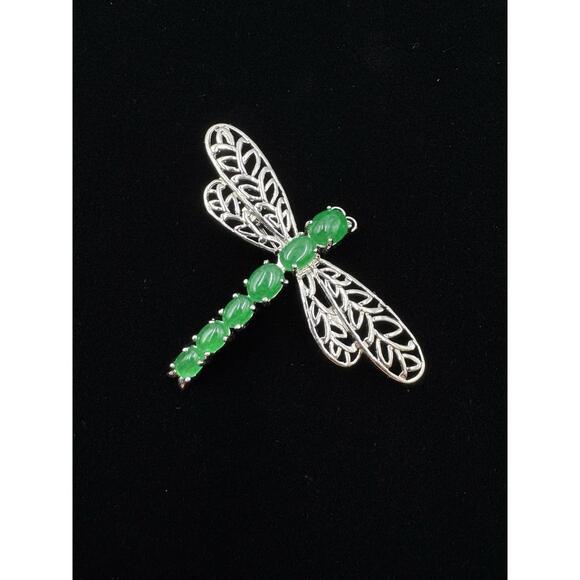 Jewelry - Silver Tone Jadeite Openwork Dragonfly Brooch Pin Bug Jewelry